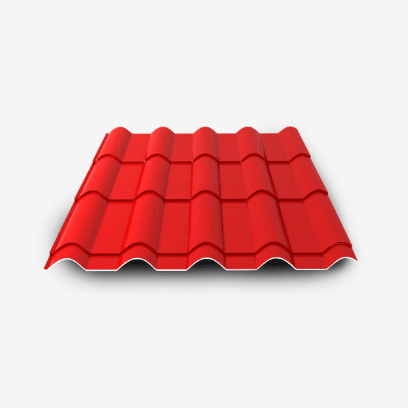 A 3D rendering of a red metal roof panel with a wavy corrugated pattern. The panel has a glossy finish and shows detailed ridges and valleys in the metal surface. The roof panel is positioned at a slight angle, casting a soft shadow beneath it against a pure white background. The panel is a standard architectural roof tile with overlapping segments and a curved profile. The red color is vibrant and uniform across the entire surface, with subtle variations in tone where the light hits the curved surfaces. The image has a clean, professional product photography style with sharp detail and clear lighting.