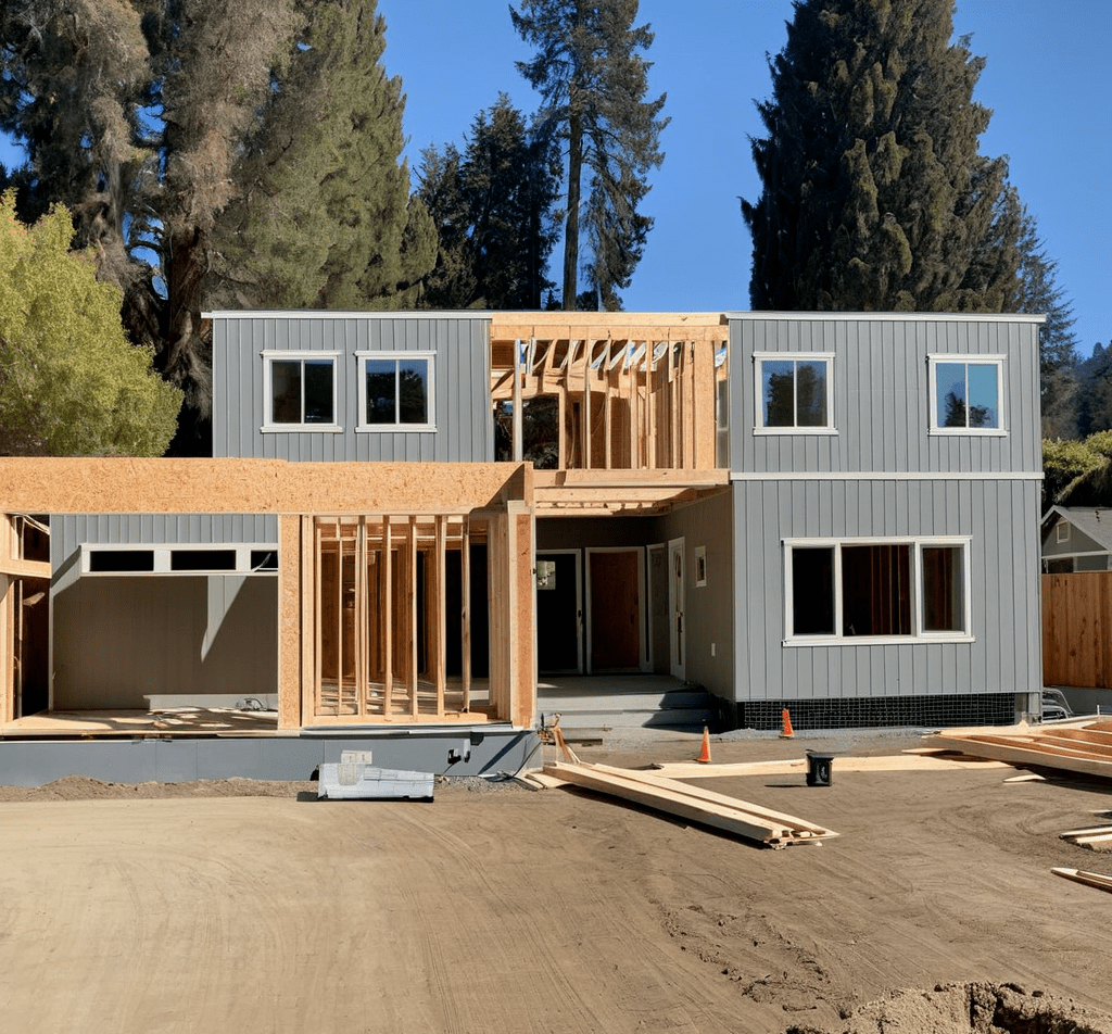 A construction site photograph of a two-story modern house with gray vertical siding in progress. The house features multiple white-framed windows and a wooden second-floor deck frame. The deck is supported by exposed wooden beams and posts. The foundation is visible with dirt and construction materials scattered around. The house has a contemporary architectural design with clean lines and a flat roof. In the background, tall evergreen trees, including Douglas firs, create a natural backdrop against a bright blue sky. The construction site shows exposed wooden framing for an attached garage on the left side of the house. Construction materials and orange safety cones are visible on the ground. The dirt around the foundation is freshly graded and is a light brown color. The image is taken from a slight angle, showing both the front and side of the house during the construction phase.