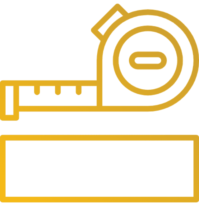 A minimalist line art icon of a measuring tape in gold color against a white background. The icon shows a coiled measuring tape with a retractable blade extended to the left. The measuring scale is marked with horizontal lines and numbers. Below the measuring tape is a rectangular outline box also in gold color. The entire design is simple and clean, using continuous gold lines to create the shapes. The measuring tape is positioned above the box, creating a clear visual hierarchy in the composition.