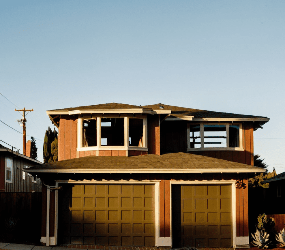 A two-story residential house photographed during golden hour sunset lighting. The house has a tan-colored exterior with vertical siding and a brown shingled roof. The first floor features two large tan-colored garage doors with paneled designs. The second floor has a bay window on the left side with white trim and multiple paned windows. The bay window is partially open with some debris visible inside. The right side of the second floor has a smaller window area with similar white trim. The house is photographed against a clear light blue sky. A utility pole with power lines is visible on the left side of the frame. The landscaping includes a partial view of a large agave plant in the lower right corner. The architectural style is craftsman with modern elements, featuring clean lines and a symmetrical design.